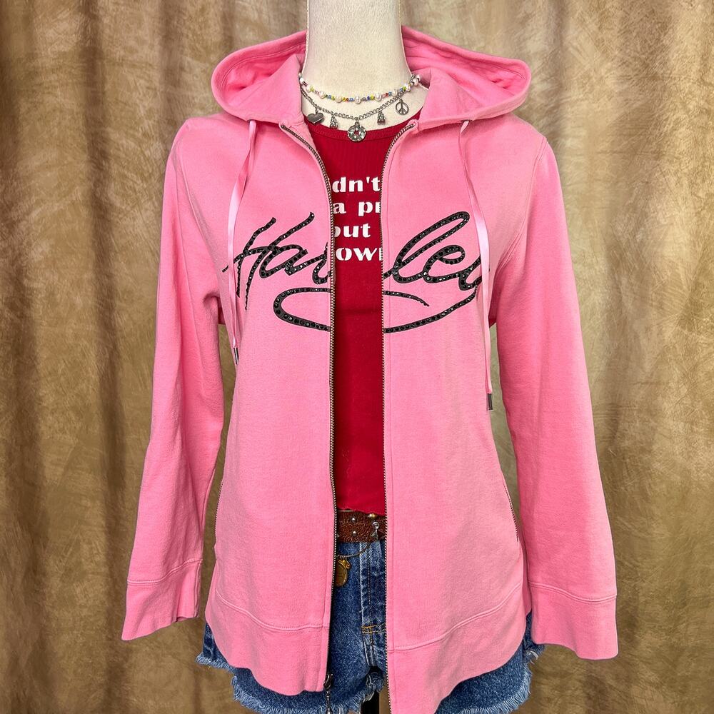 Harley Davidson Rhinestone Hoodie Pink Zip Up Jacket Y2K McBling Indie Biker - Picture 2 of 11